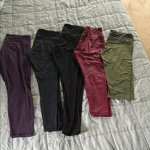 Bundle of 5 High-Rise Leggings – Black, Burgundy, Purple, Olive – Size Medium